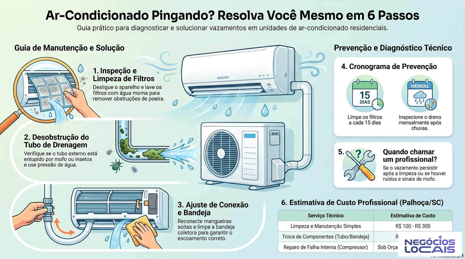 Infográfico: Ar-condicionado pingando água dentro de casa: causas e soluções